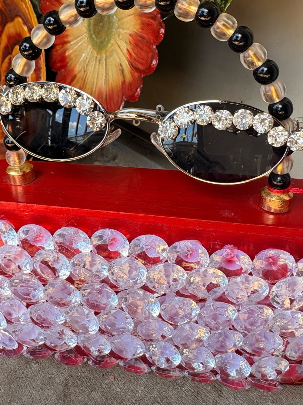 Crystal-Embellished Oval Sunglasses โ Designer Style, Pump & Cigar Box Bag